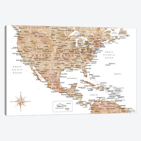 Map Of The Usa And The Caribbean Area In Brown Watercolor Canvas Print #RLZ406} by blursbyai Canvas Art