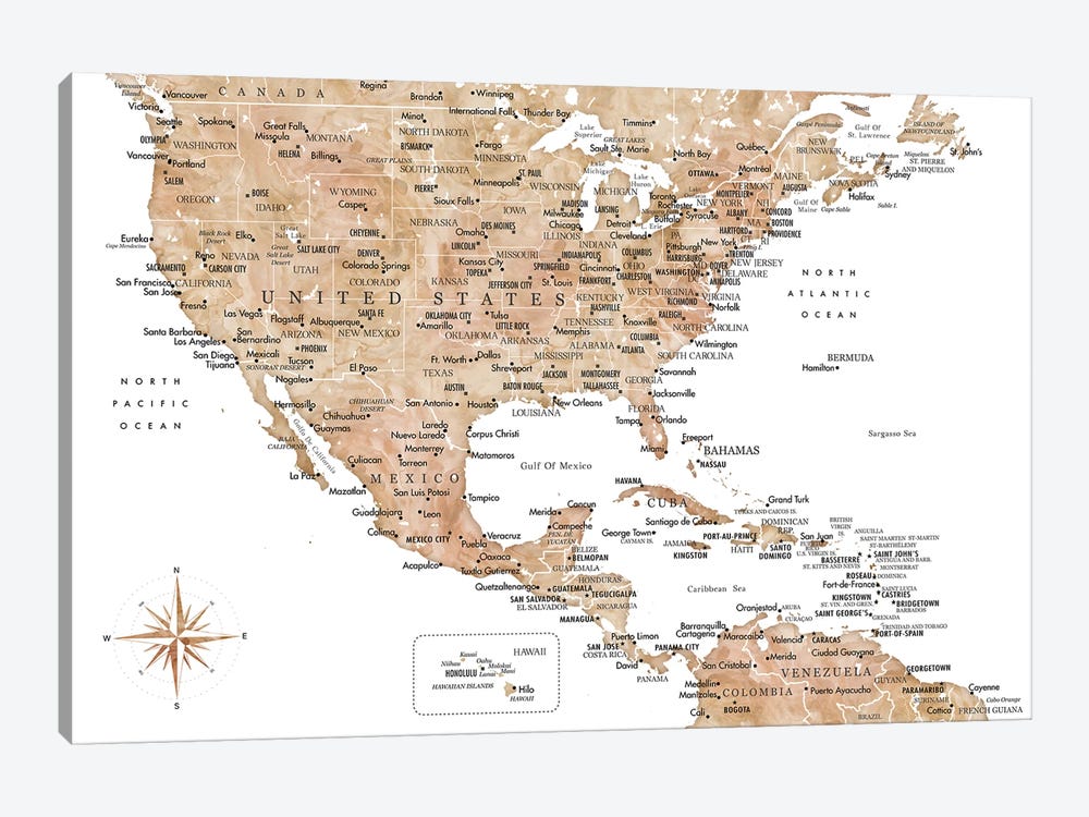 Map Of The Usa And The Caribbean Area In Brown Watercolor by blursbyai 1-piece Art Print