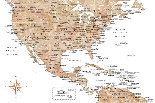 blursbyai: Map Of The Usa And The Caribbean Area In Brown Watercolor by blursbyai