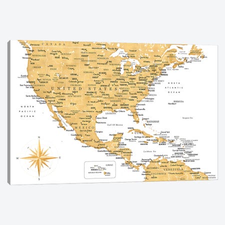 Map Of The Usa And The Caribbean Area In Gold Ochre Canvas Print #RLZ408} by blursbyai Canvas Art Print