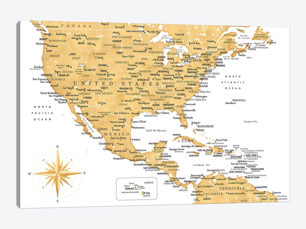 Map Of The Usa And The Caribbean Area In Gold Ochre by blursbyai 1-piece Art Print