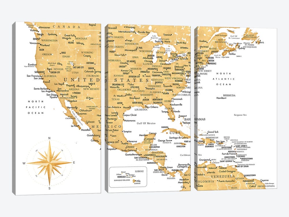 Map Of The Usa And The Caribbean Area In Gold Ochre by blursbyai 3-piece Canvas Print