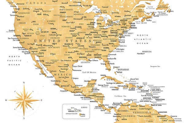 Large Map Art - Canvas Prints: Map Of The Usa And The Caribbean Area In Gold Ochre by blursbyai