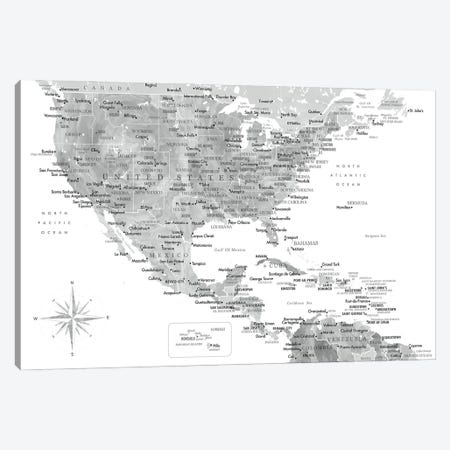 Map Of The Usa And The Caribbean Area In Gray Watercolor Canvas Print #RLZ409} by blursbyai Art Print