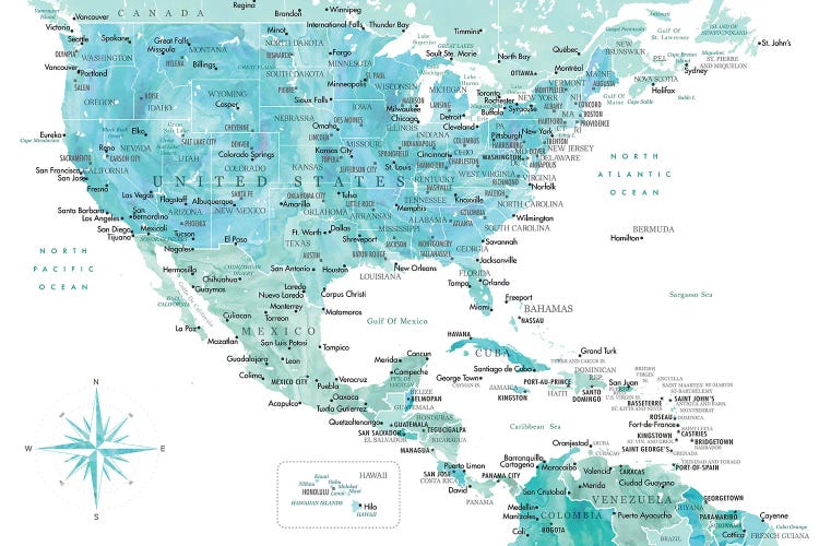 Map Of The Usa And The Caribbean Area In Aquamarine Watercolor by blursbyai wall art