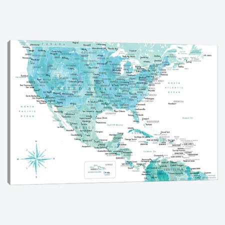 Map Of The Usa And The Caribbean Area In Aquamarine Watercolor Canvas Print #RLZ410} by blursbyai Canvas Wall Art