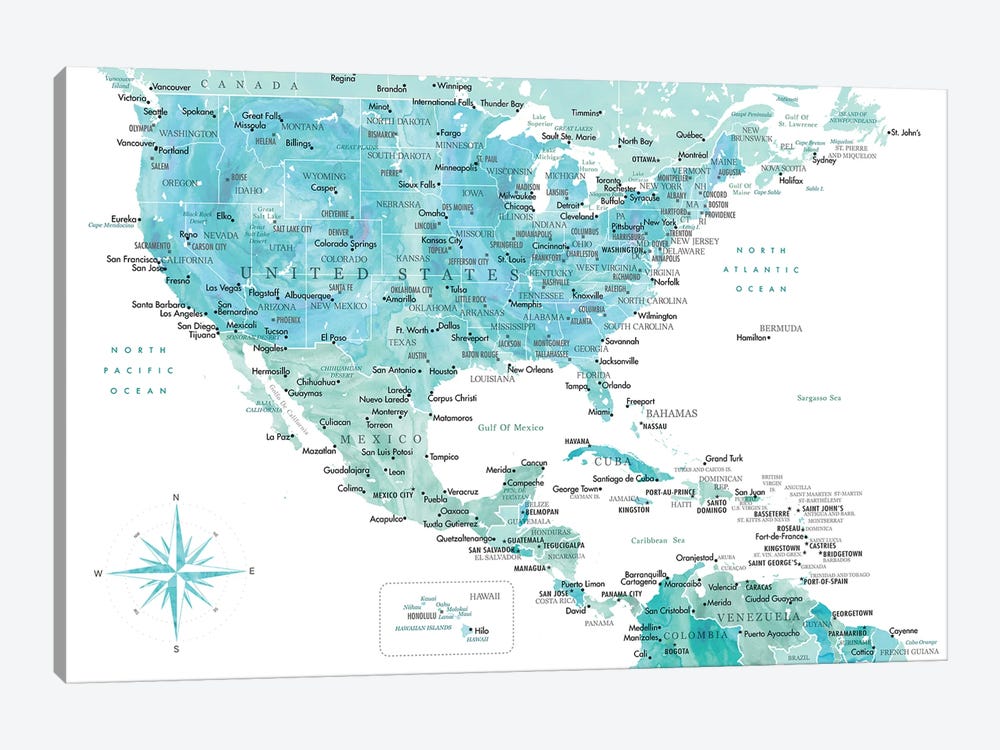 Map Of The Usa And The Caribbean Area In Aquamarine Watercolor by blursbyai 1-piece Canvas Wall Art