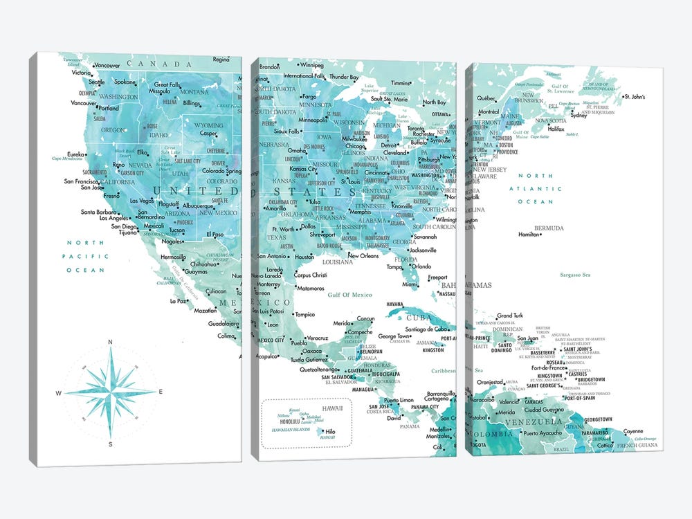 Map Of The Usa And The Caribbean Area In Aquamarine Watercolor by blursbyai 3-piece Canvas Wall Art