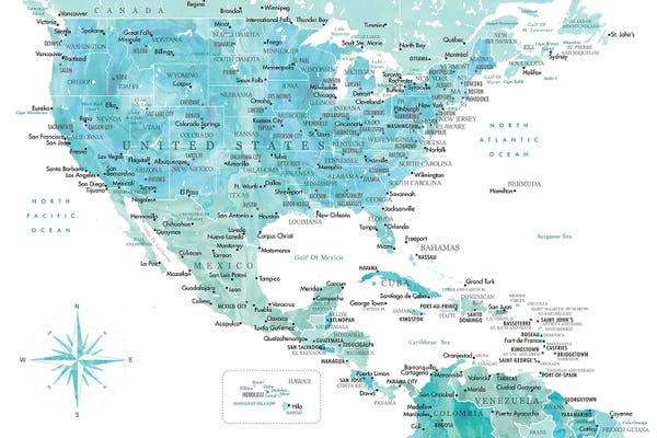 Maps: Map Of The Usa And The Caribbean Area In Aquamarine Watercolor by blursbyai