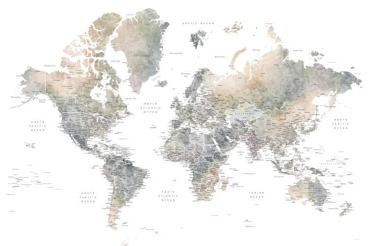 Habiki Detailed World Map In Soft Muted Watercolor