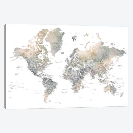 Habiki Detailed World Map In Soft Muted Watercolor Canvas Print #RLZ412} by blursbyai Canvas Wall Art
