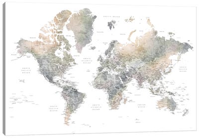 Habiki Detailed World Map In Soft Muted Watercolor Canvas Art Print - World Map Art
