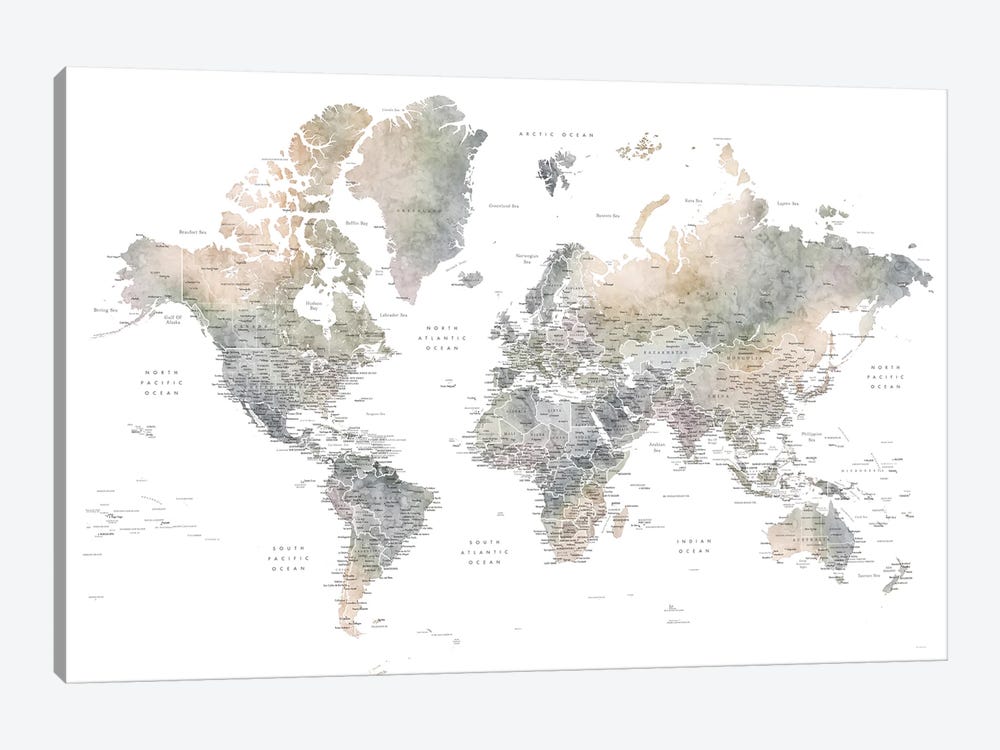 Habiki Detailed World Map In Soft Muted Watercolor by blursbyai 1-piece Canvas Wall Art