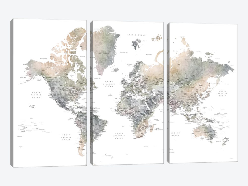 Habiki Detailed World Map In Soft Muted Watercolor by blursbyai 3-piece Canvas Art