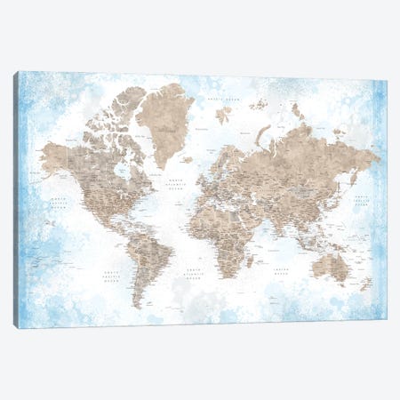 Watercolor Detailed World Map In Blue And Brown, Ghada Canvas Print #RLZ413} by blursbyai Canvas Artwork