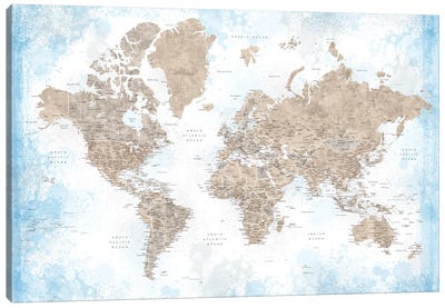 Watercolor Detailed World Map In Blue And Brown, Ghada Canvas Art Print - World Map Art