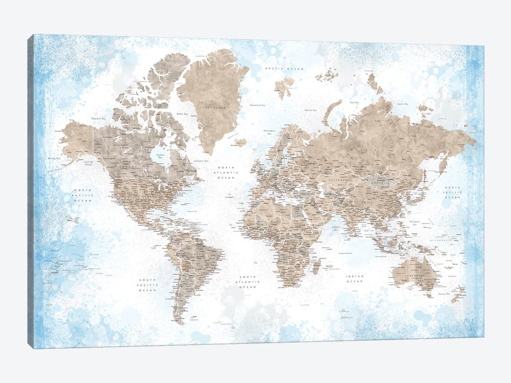 Watercolor Detailed World Map In Blue And Brown, Ghada 1-piece Canvas Art Print
