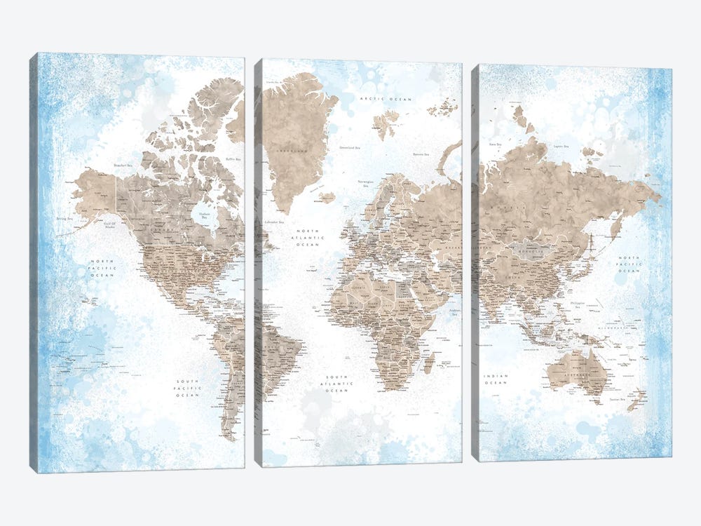 Watercolor Detailed World Map In Blue And Brown, Ghada by blursbyai 3-piece Art Print