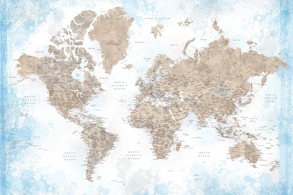 Large Map Art - Canvas Prints: Watercolor Detailed World Map In Blue And Brown, Ghada by blursbyai