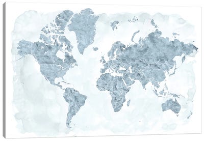 Watercolor World Map With Outlined Countries In Steel Gray, Jacq Canvas Art Print - World Map Art