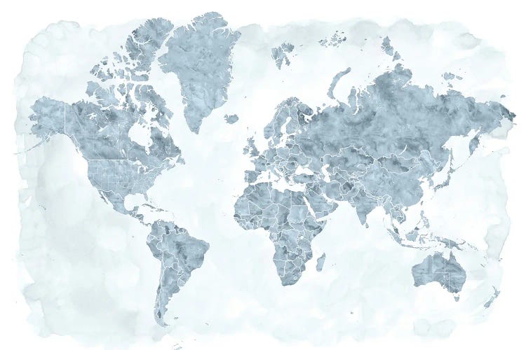 Watercolor World Map With Outlined Countries In Steel Gray, Jacq