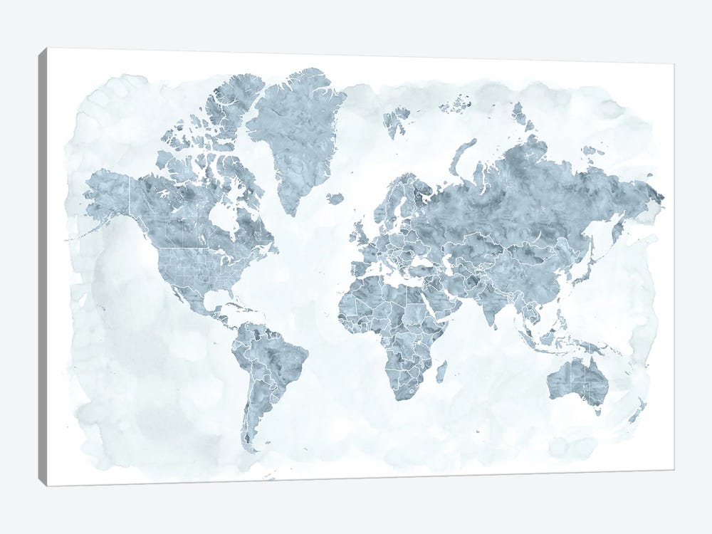 Watercolor World Map With Outlined Countries In Steel Gray, Jacq by blursbyai 1-piece Canvas Art
