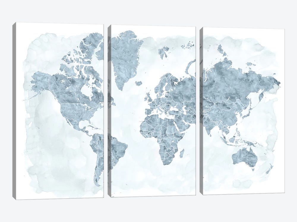 Watercolor World Map With Outlined Countries In Steel Gray, Jacq by blursbyai 3-piece Canvas Artwork
