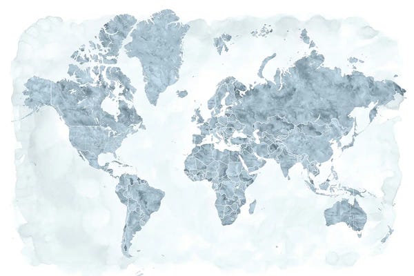 blursbyai: Watercolor World Map With Outlined Countries In Steel Gray, Jacq by blursbyai