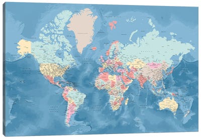 Detailed World Map With Cities In Pastel Colors, Vickie Canvas Art Print - Digital Art