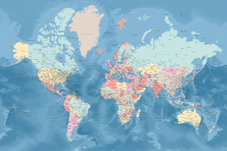 Detailed World Map With Cities In Pastel Colors, Vickie by blursbyai wall art