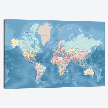 Detailed World Map With Cities In Pastel Colors, Vickie Canvas Print #RLZ424} by blursbyai Canvas Artwork