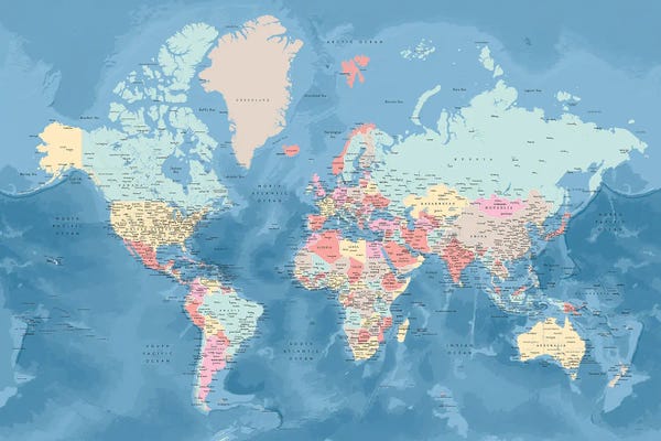 Large Modern Art - Canvas Prints: Detailed World Map With Cities In Pastel Colors, Vickie by blursbyai