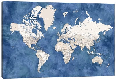 Detailed World Map With Cities, Sabeen Canvas Art Print - Large Map Art