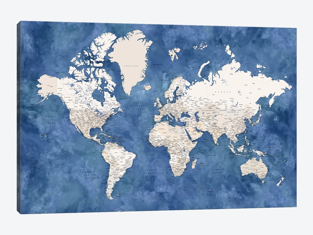 Detailed World Map With Cities, Sabeen by blursbyai 1-piece Canvas Art