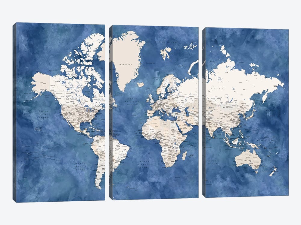 Detailed World Map With Cities, Sabeen by blursbyai 3-piece Canvas Artwork