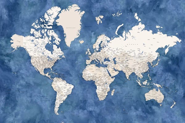 Large Modern Art - Canvas Prints: Detailed World Map With Cities, Sabeen by blursbyai