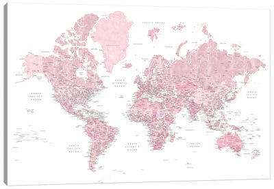 Detailed Pink Watercolor World Map With Cities, "Melit" Canvas Art Print - Large Map Art