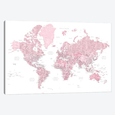 Detailed Pink Watercolor World Map With Cities, "Melit" Canvas Print #RLZ426} by blursbyai Canvas Art