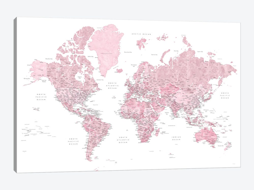 Detailed Pink Watercolor World Map With Cities, "Melit" by blursbyai 1-piece Canvas Art Print