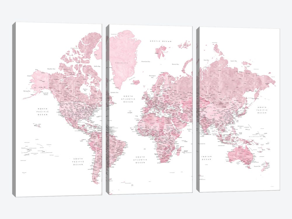 Detailed Pink Watercolor World Map With Cities, "Melit" by blursbyai 3-piece Canvas Print