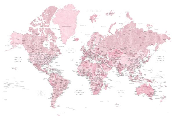 blursbyai: Detailed Pink Watercolor World Map With Cities, "Melit" by blursbyai