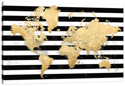 Detailed World Map With Cities And Black And White Stripes, Harper Canvas Art Print - Stripe Patterns