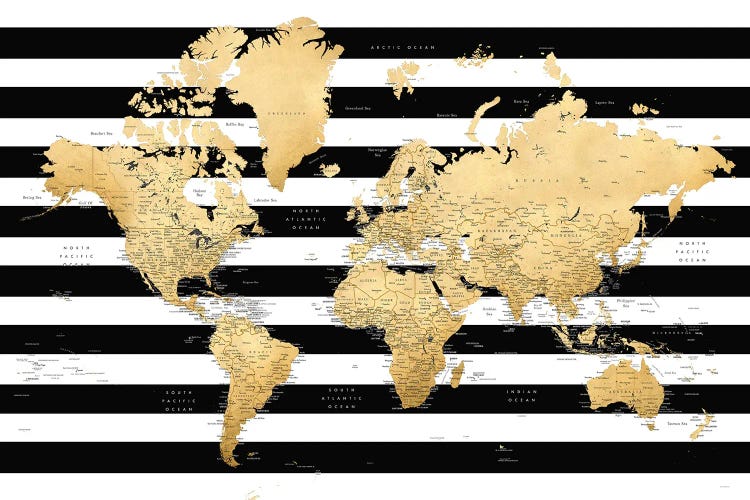 Detailed World Map With Cities And Black And White Stripes, Harper by blursbyai wall art