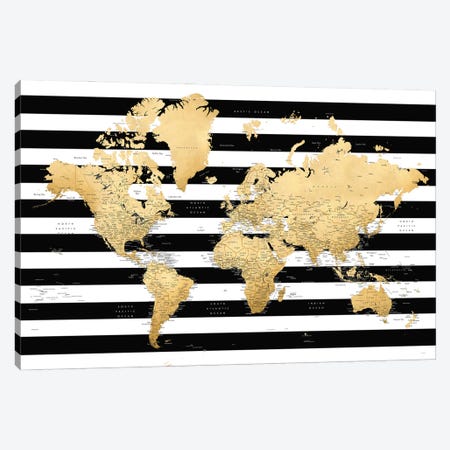 Detailed World Map With Cities And Black And White Stripes, Harper Canvas Print #RLZ427} by blursbyai Canvas Artwork