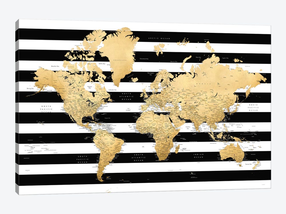 Detailed World Map With Cities And Black And White Stripes, Harper by blursbyai 1-piece Canvas Wall Art