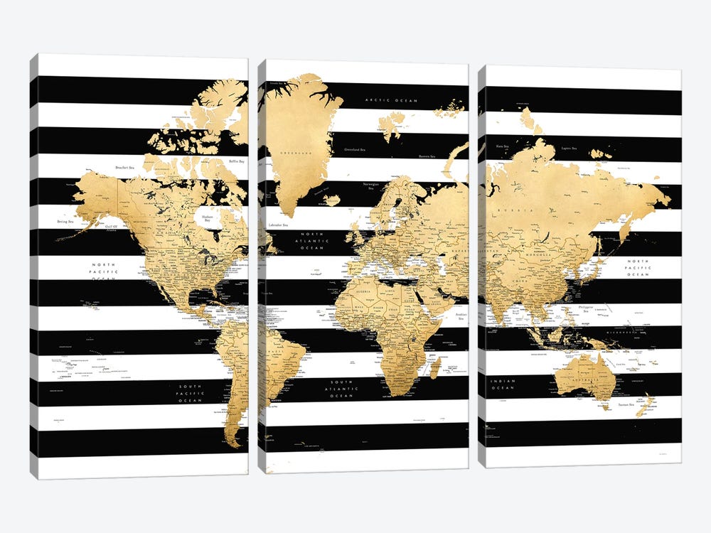 Detailed World Map With Cities And Black And White Stripes, Harper by blursbyai 3-piece Canvas Art