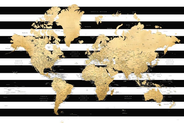 Globes: Detailed World Map With Cities And Black And White Stripes, Harper by blursbyai