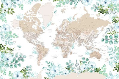 Detailed Floral World Map With Cities And Antarctica, Leanne by blursbyai multi panel art