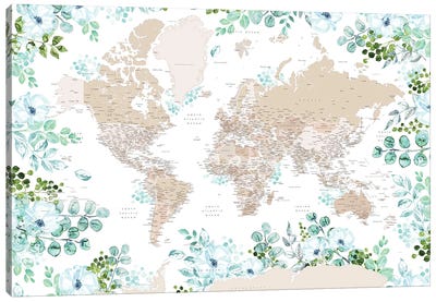 Detailed Floral World Map With Cities And Antarctica, Leanne Canvas Art Print - World Map Art