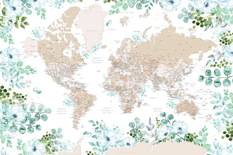 Detailed Floral World Map With Cities And Antarctica, Leanne